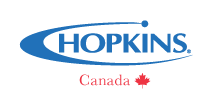 Logo for Hopkins Canada, a company. Features blue text and a red maple leaf.