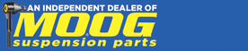 Logo for MOOG suspension parts, with yellow text on a blue background. Includes text: