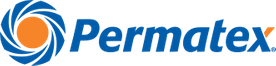 Permatex logo with a blue and orange spiral design and blue text.