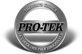 Silver Pro-Tek logo with text: