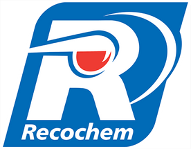 Blue and white Recochem logo with a stylized