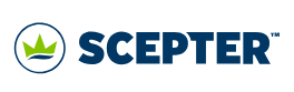 Logo for Scepter, featuring a green crown inside a blue circle, next to dark blue text.