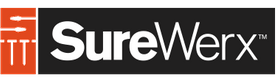 SureWerx logo with an orange square with white lines and text