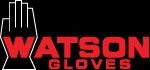 Logo for Watson Gloves, featuring a hand outline and red text on a black background.