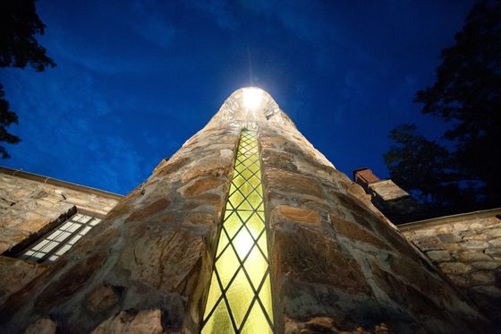 Castle tower wedding venue at night