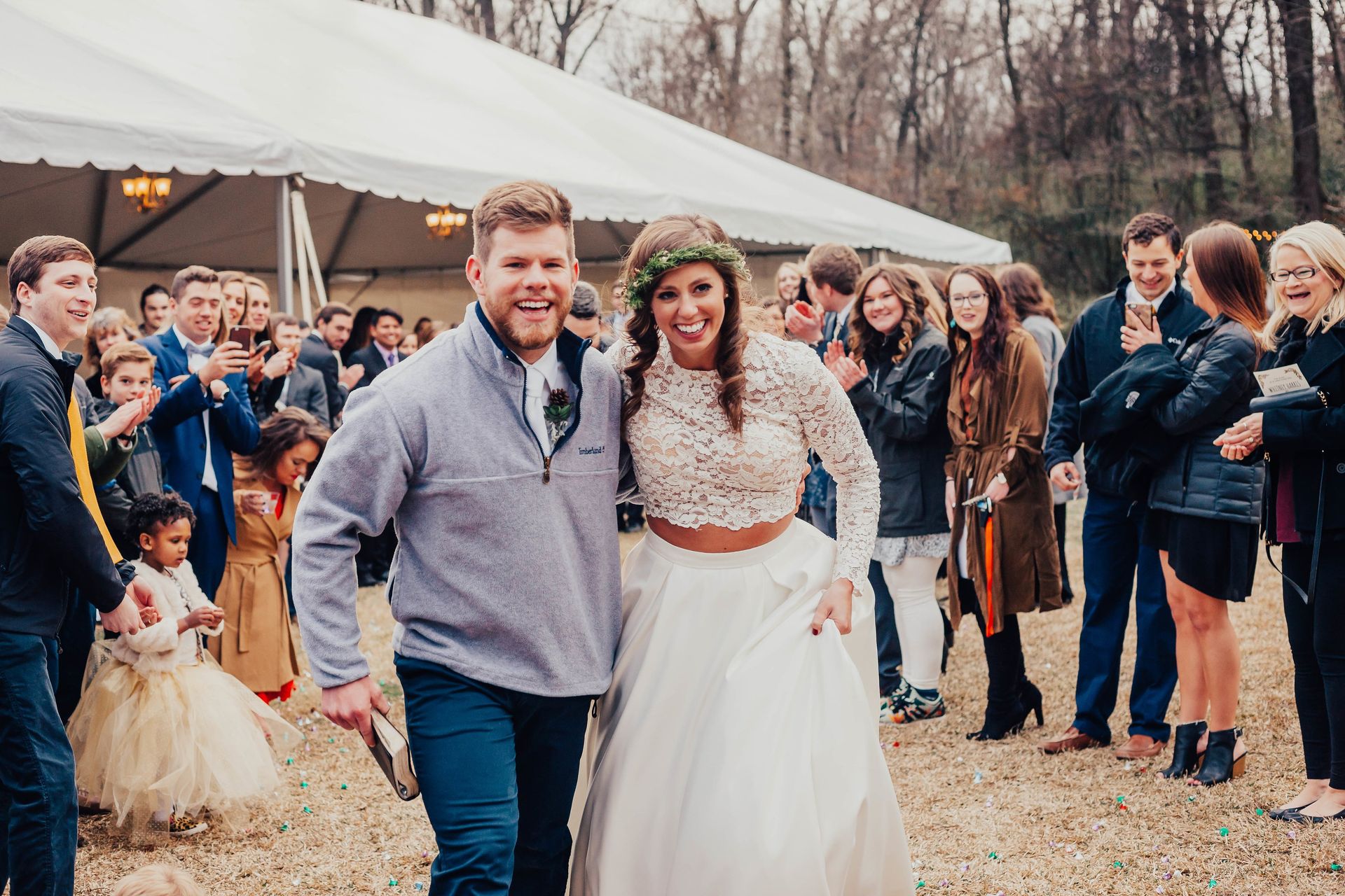 bride and groom walk down the aisle at the castle on stagecoach wedding venue