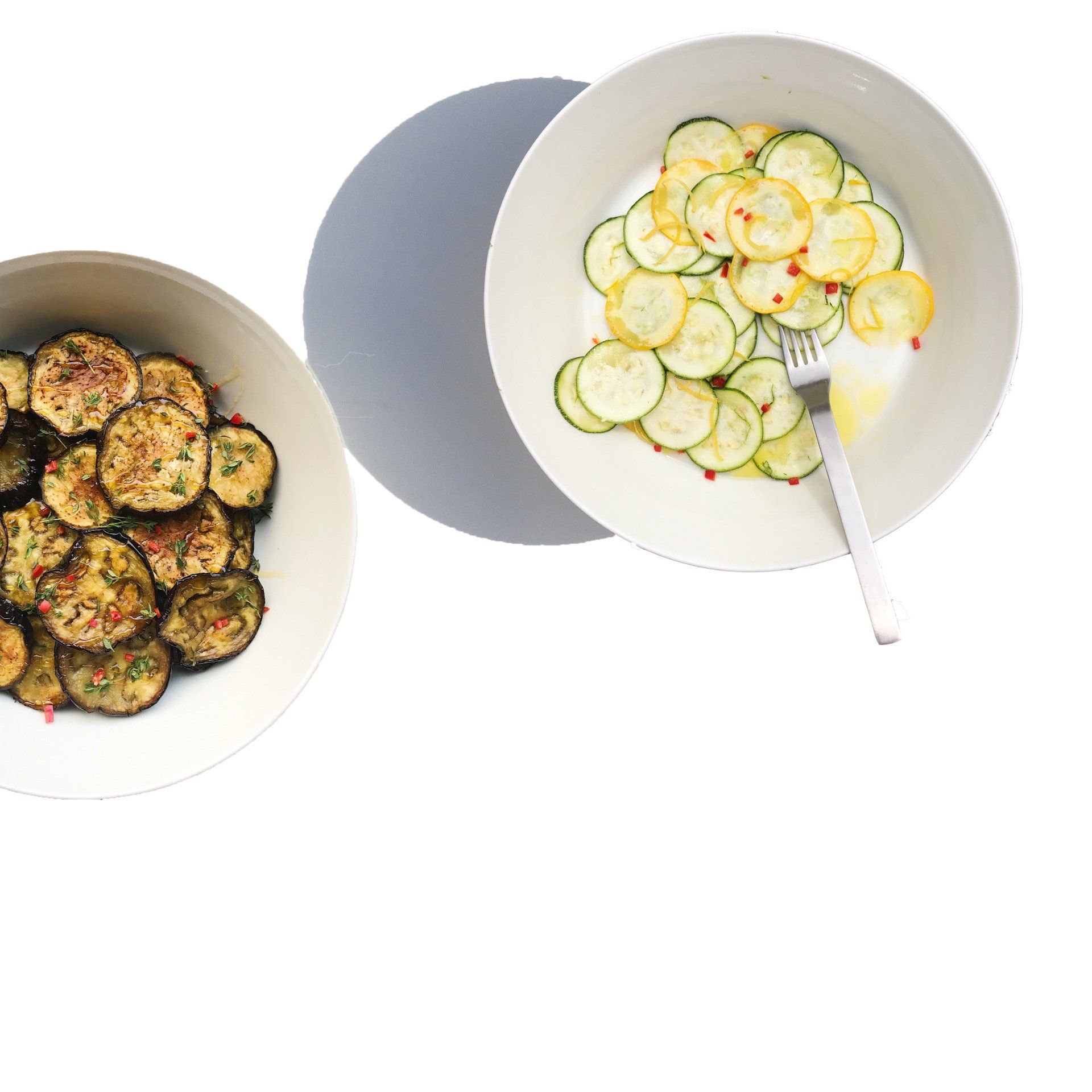 roasted eggplant with honey, chili and thyme, and one of fresh zucchini salad with lemon