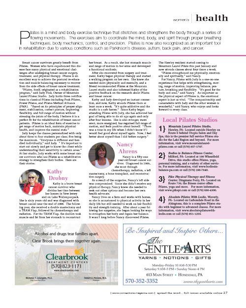 A page of a magazine with advertisements for gentle arts and local pilates studios.