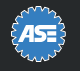 ASE blue gear logo with white letters on a black background