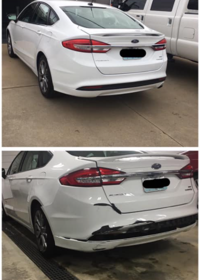 White sedan showing rear damage and scraped bumper in a parking lot, before-and-after views.