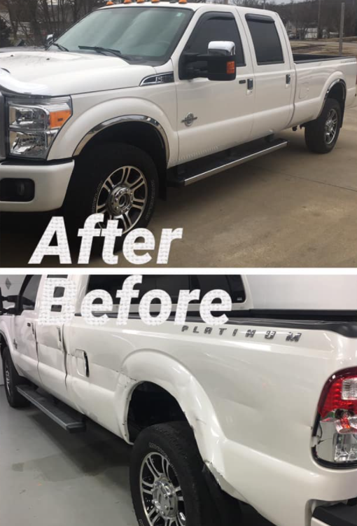 Before-and-after split image of a white Ford pickup truck, showing a custom paint job and black wheels.