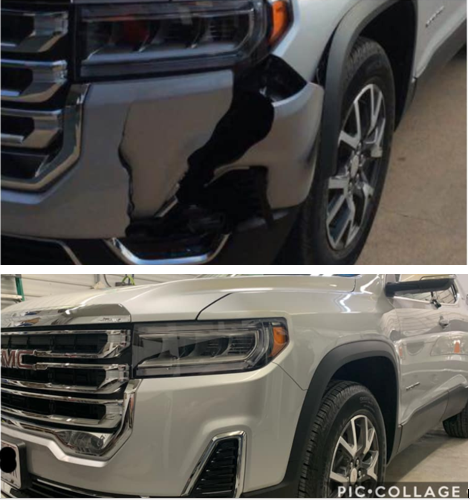 Before-and-after of a white SUV’s front bumper repair after a collision