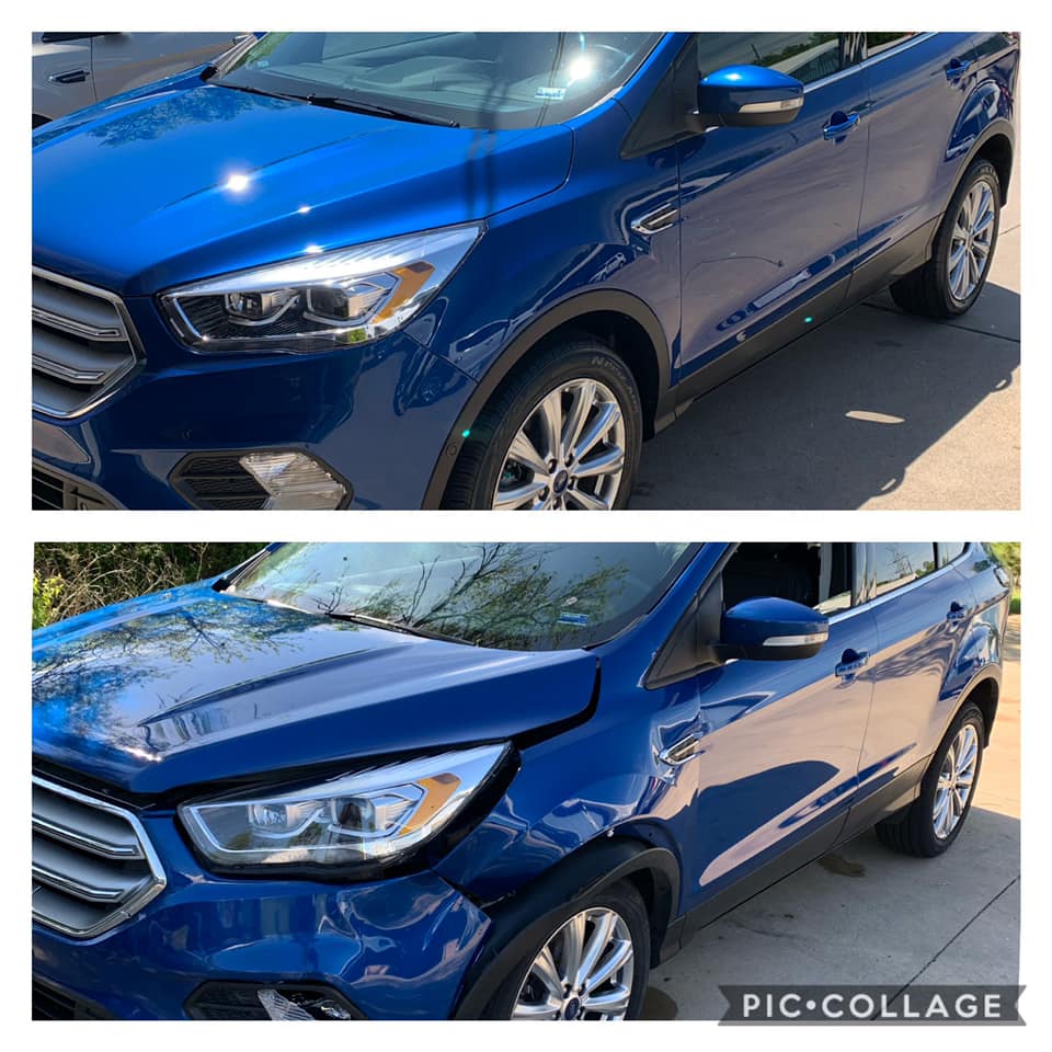Blue SUV shown in two close-up photos, front and side view, with visible hood and headlight damage