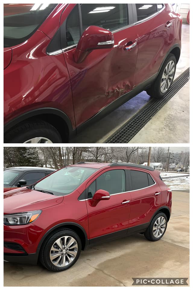 Red SUV parked outdoors, shown in a collage from side views on a snowy day.