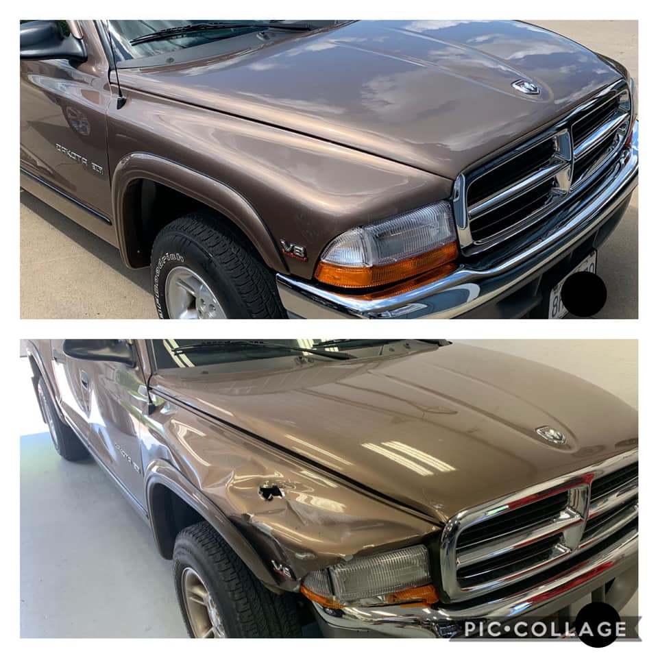 Brown Dodge pickup truck hood and front fender showing before-and-after dent repair side by side