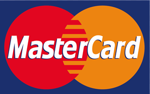 MasterCard logo with overlapping red and orange circles and white text on a blue background