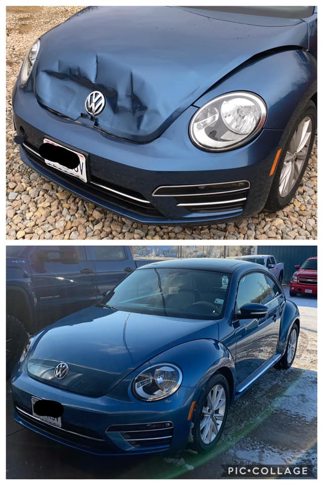 Blue Volkswagen Beetle with a crumpled hood, shown in two views on a driveway after damage.