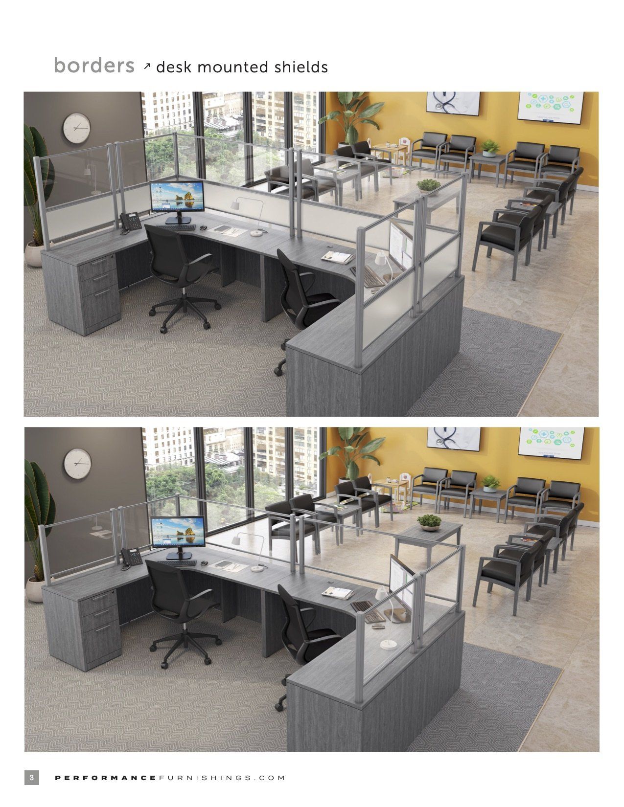 Two office desks with gray dividers, chairs, and waiting area.