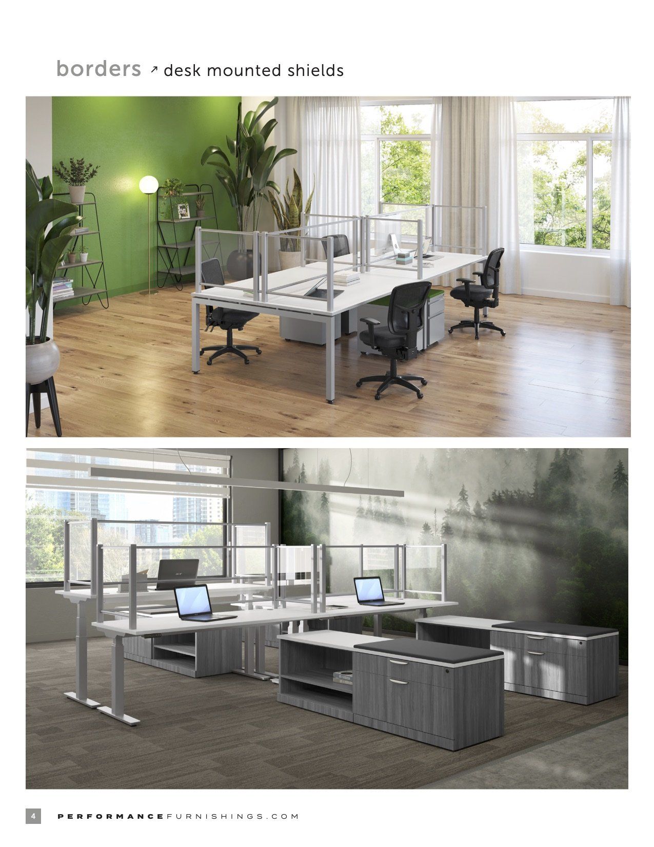 Two modern office spaces with desk dividers. One has green walls, plants, and a window. The other with gray tones and cabinets.