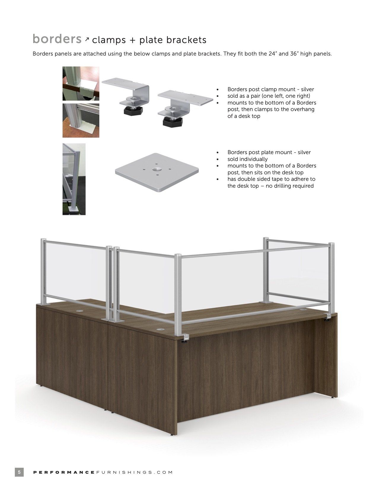 Workstation with clear glass dividers and attachment hardware.