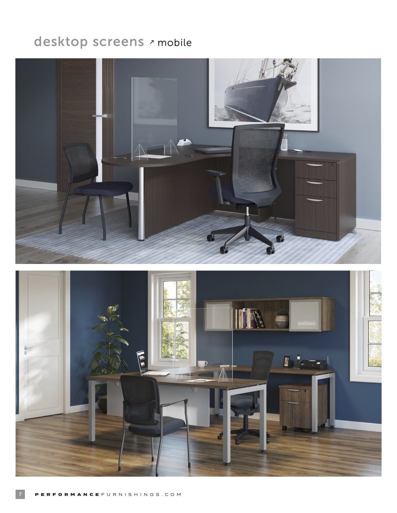 Two office spaces with desks, chairs, and storage; one with a dark brown desk and the other with a light brown desk.