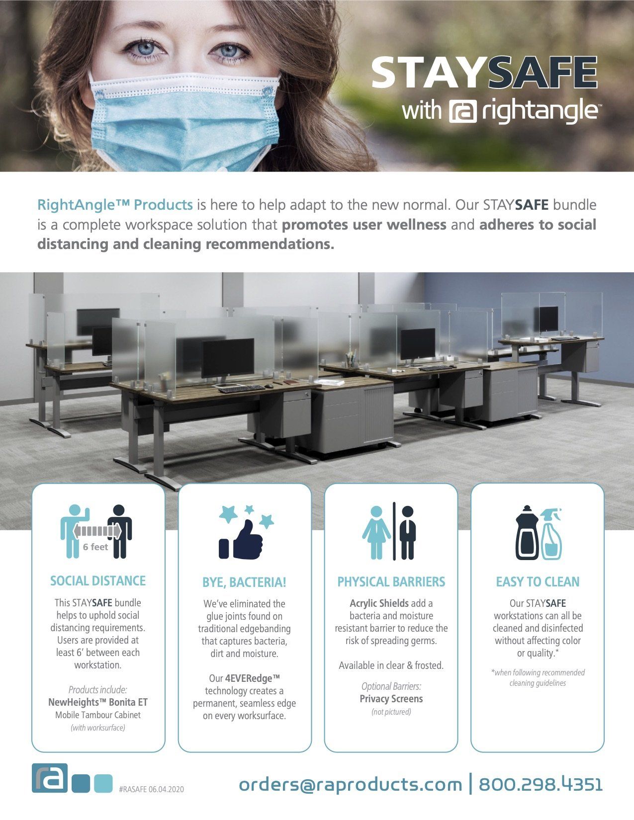 Woman in mask, office setup with dividers, and icons promoting social distancing, cleaning, and wellbeing.