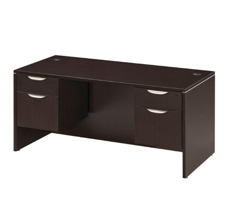 Dark brown office desk with drawers and open space for a chair.