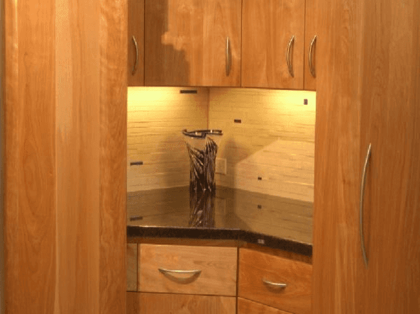 Close up of custom cabinets for a corner counter area