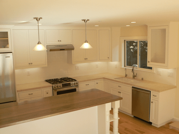 Full kitchen remodeling design with clean white custom cabinets