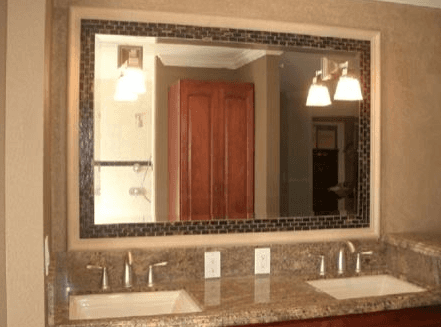 Large square bathroom mirror with custom tile border