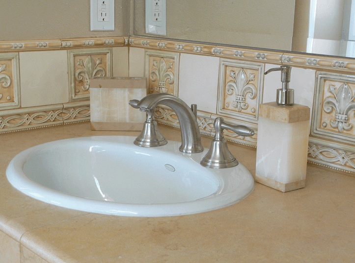 Close up of custom tile work for a bathroom sink