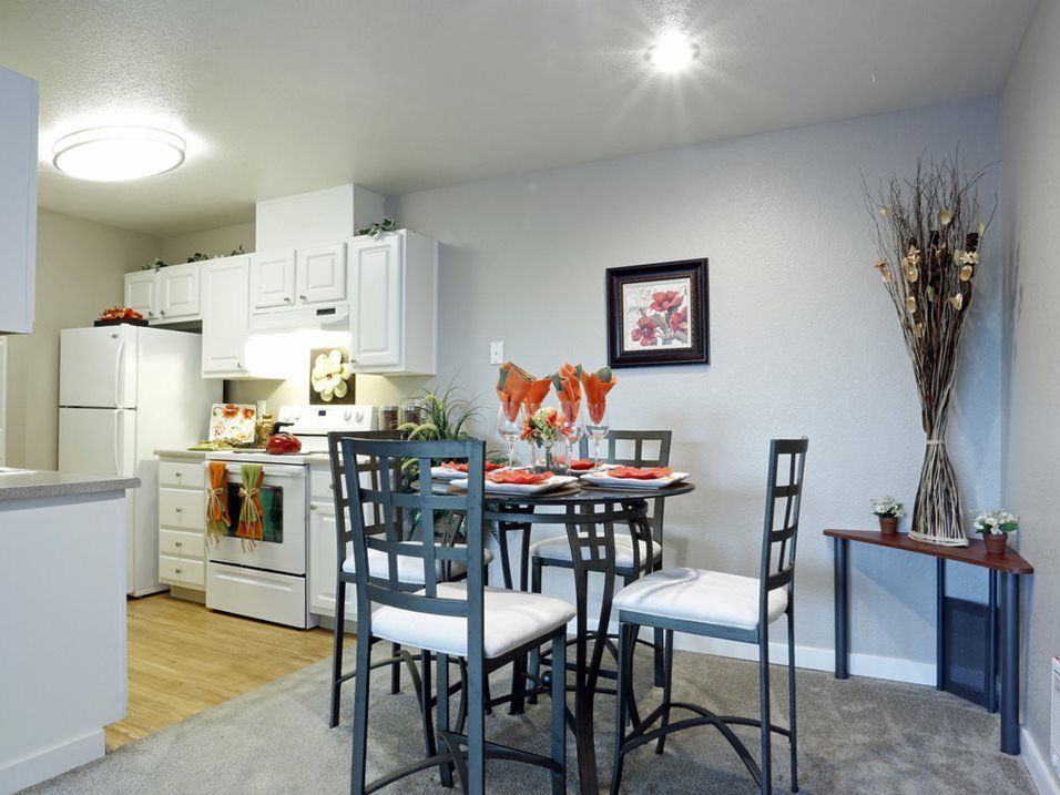Interior of dining room with high table