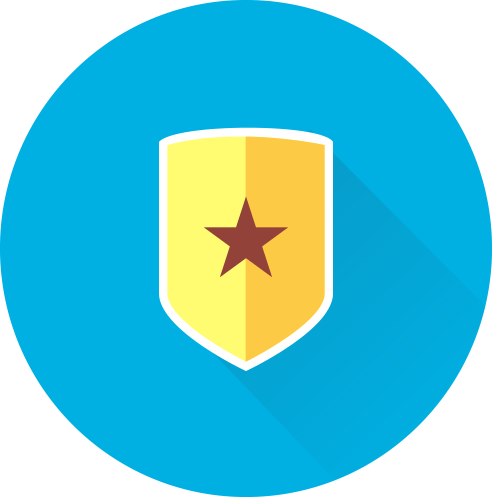 Yellow shield with star icon on a blue circle.