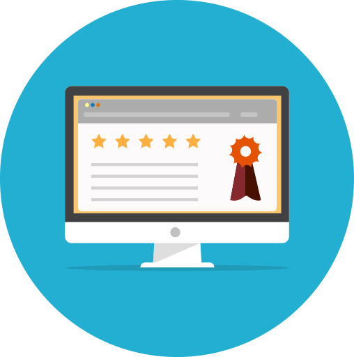 Computer screen showing 5-star review and award ribbon within a blue circle.