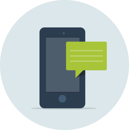 Dark blue smartphone with green text bubble, light blue background.