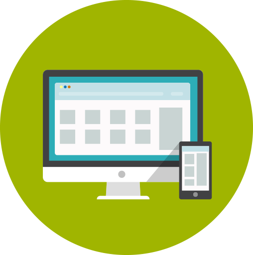 Desktop computer and smartphone showing website layout, on a green circle background.