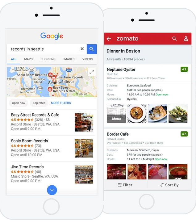 Two smartphones displaying search results. Left shows Google search for 