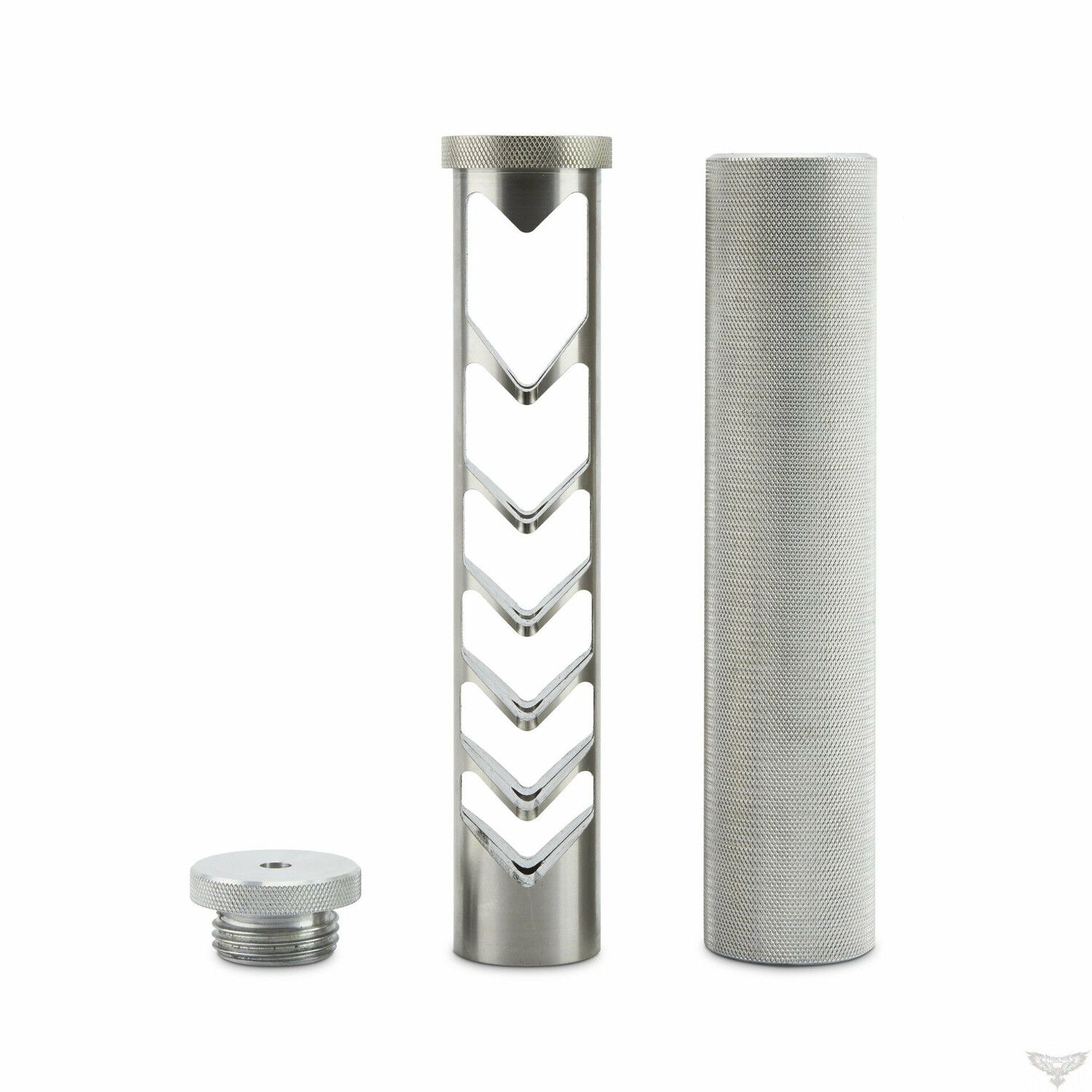 .45-70 Rifle Suppressor Silver disassembled vape parts: sleeve, mesh filter, and base.