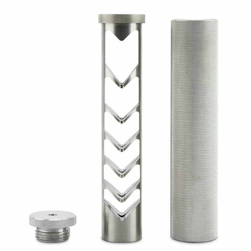 Silver firearm suppressor disassembled, showing outer tube, inner filter, and end cap.