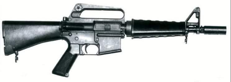 Black rifle with a carrying handle and a fixed stock.