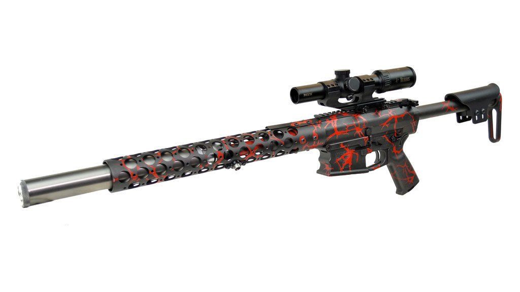 A long, black and red sniper rifle with a scope, against a white background.