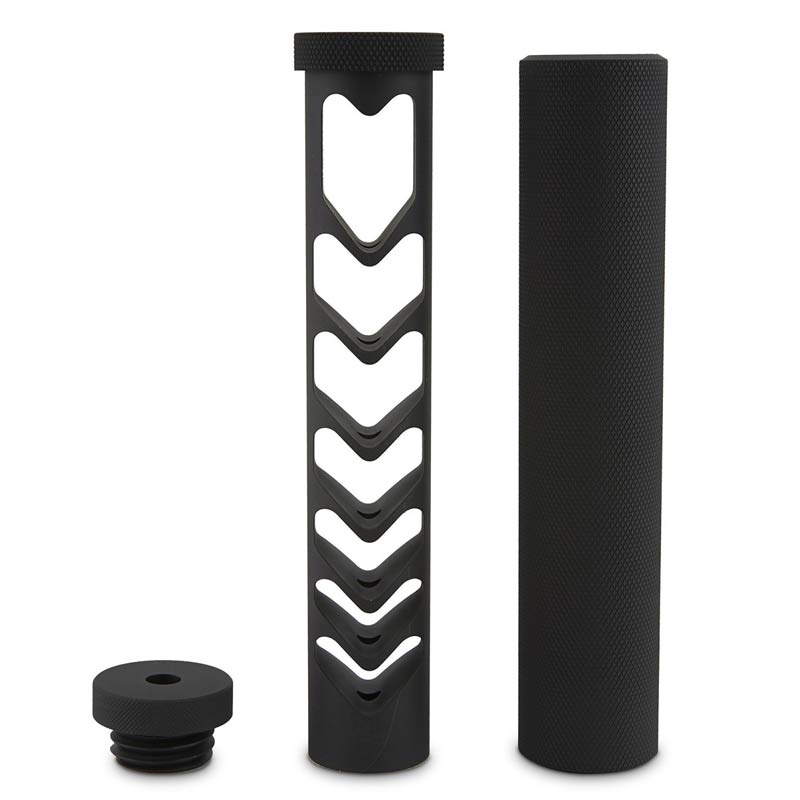 Black disassembled firearm suppressor components.