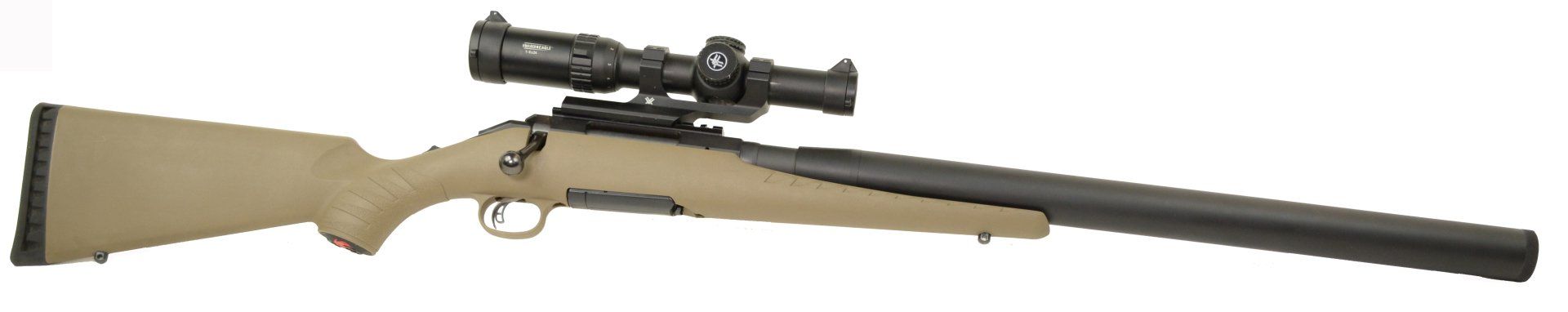 Robyn - Ruger American Ranch - Integrally Suppressed Tan and black rifle with a scope, lying on a white background.