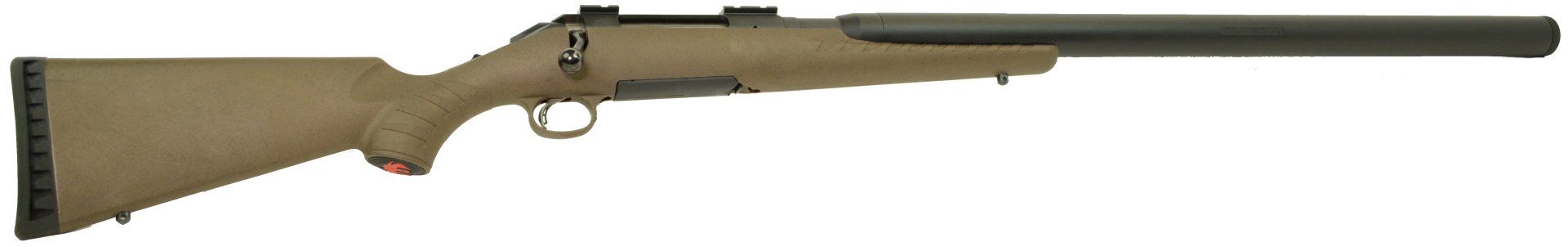 Robyn - Ruger American - Integrally Suppressed Tan rifle with a black suppressor.