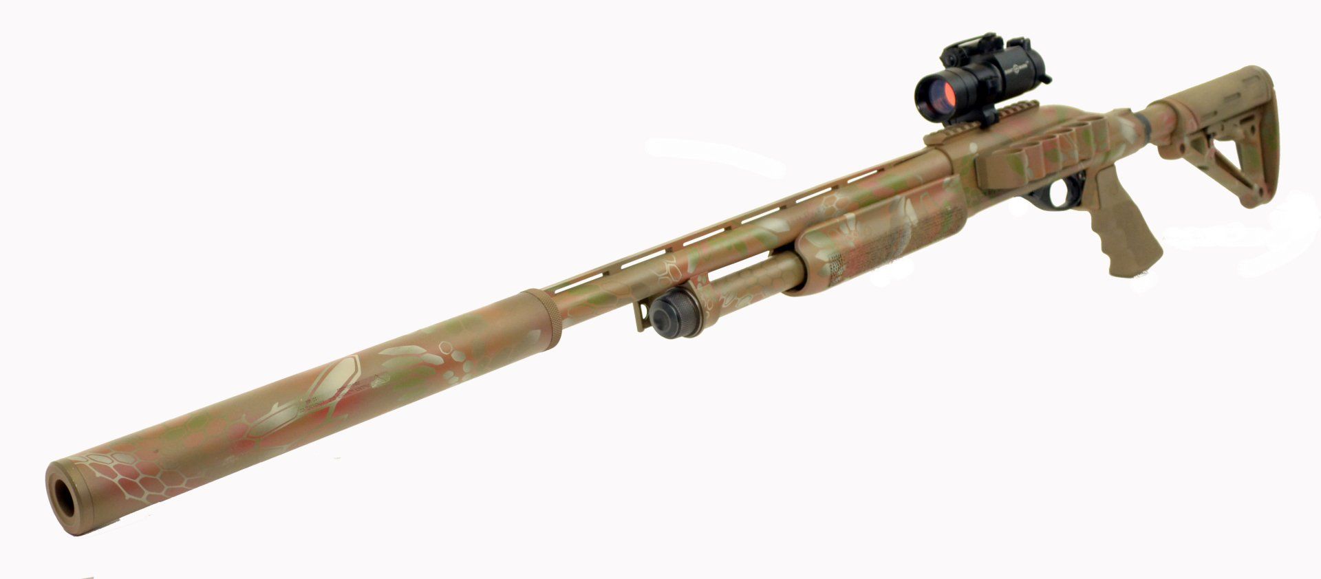 Eliza Integrally Suppressed 12 Gauge Shotgun Turkey Style Camouflage shotgun with optic and suppressor.