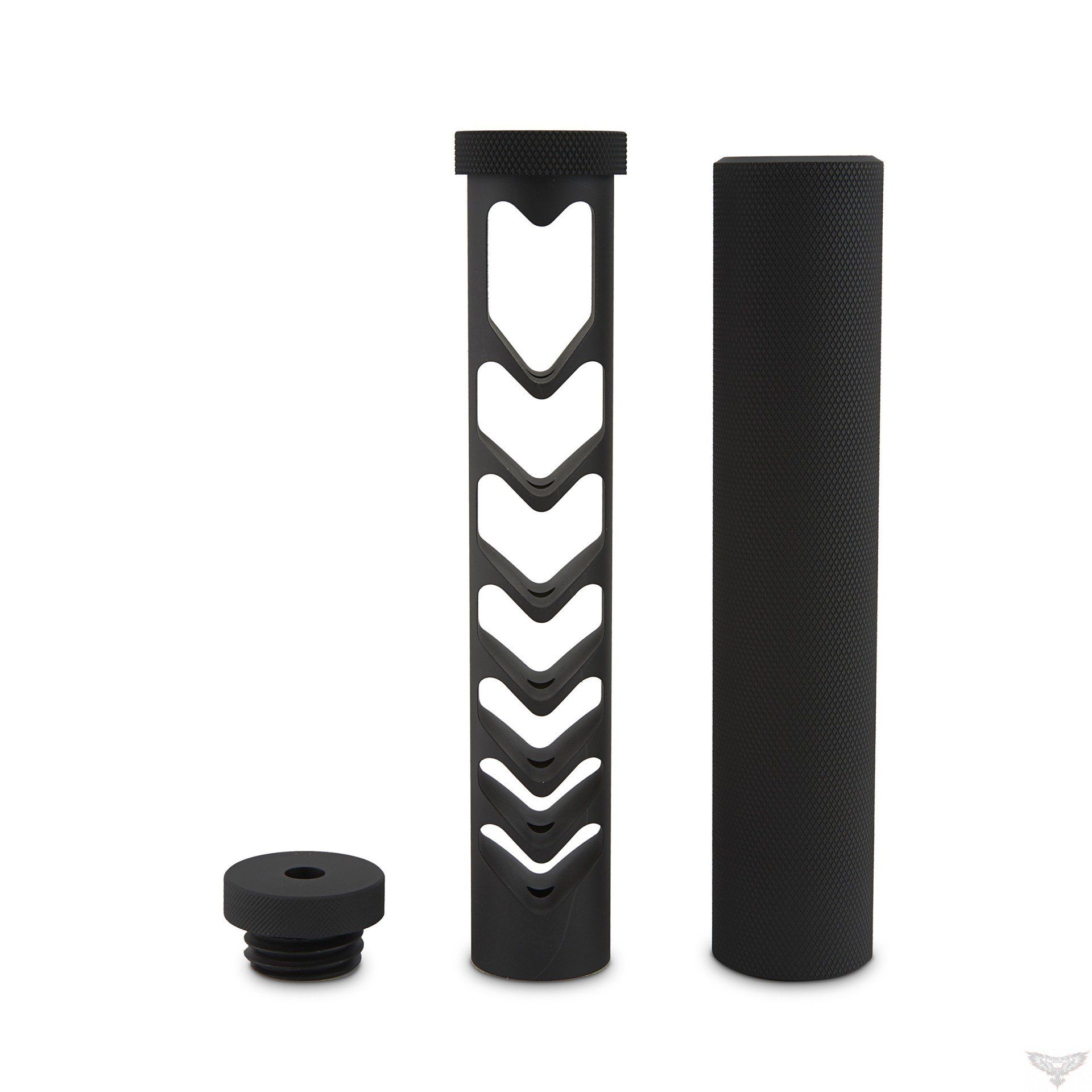 Black firearm suppressor components: end cap, internal baffle, and sleeve.