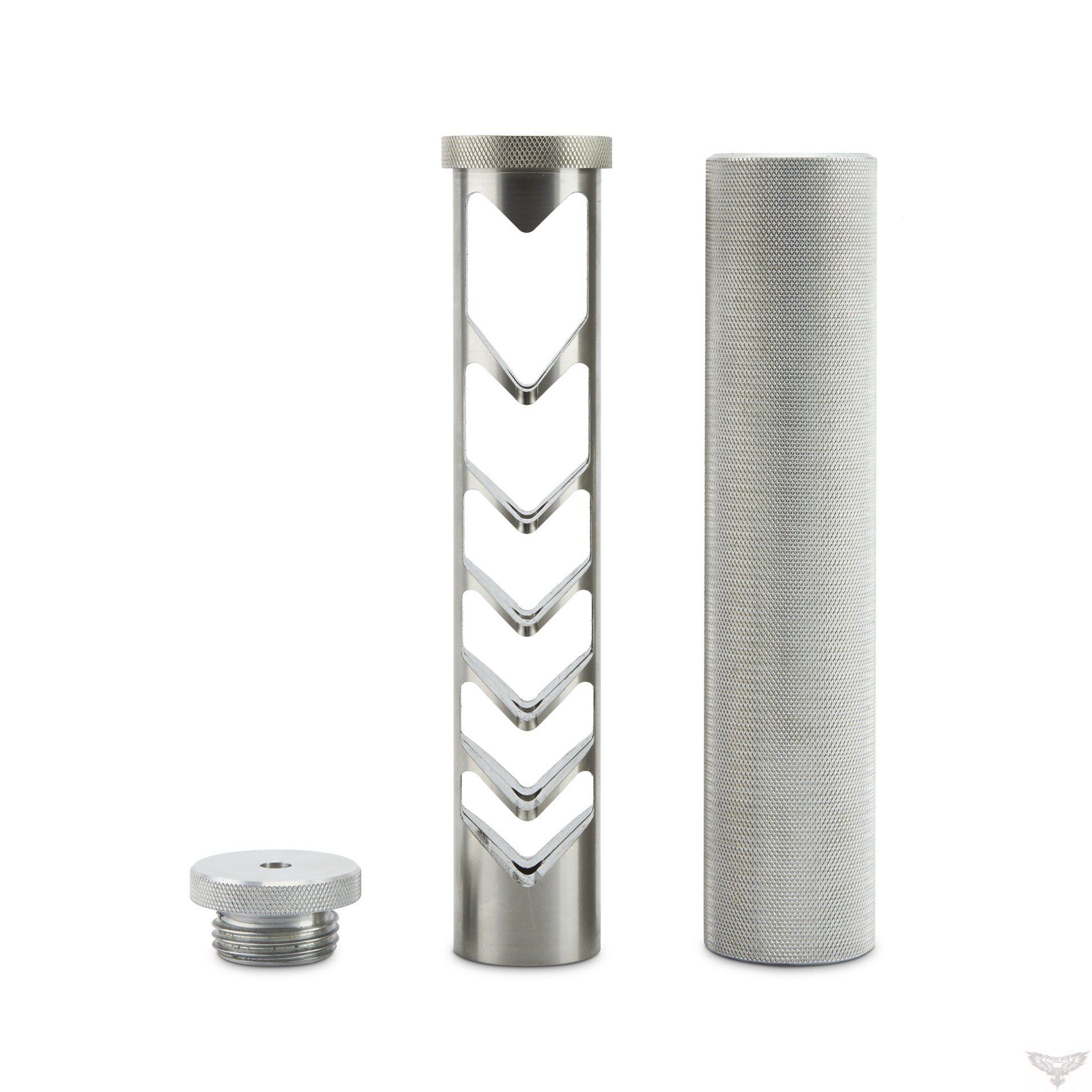 Silencer components: end cap, perforated tube, and mesh sleeve, all silver.