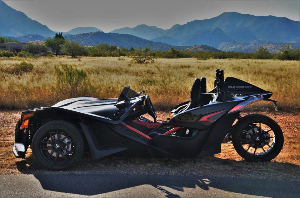 Blue Polaris Slingshot Rental Parked On Scenic Road Near Tucson AZ