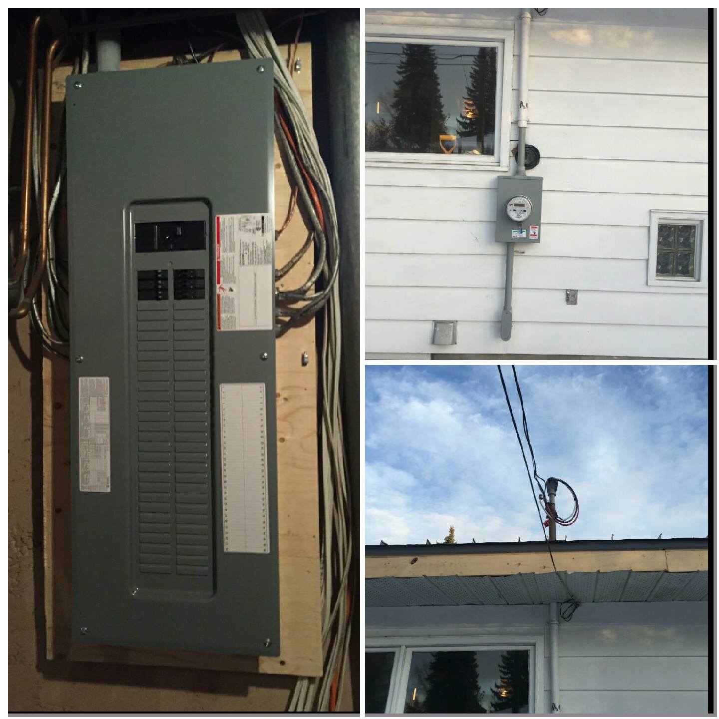 A three-part image showing an indoor electrical breaker panel, an outdoor electric meter, and a roof-mounted service mast.