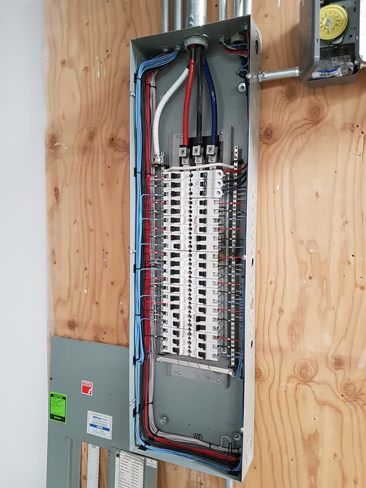 An open electrical breaker panel with neatly routed red, blue, black, and white wiring mounted on a plywood wall.